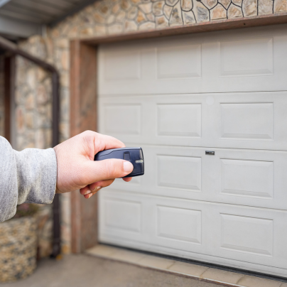 Buffalo security key fob pointing to a garage door
